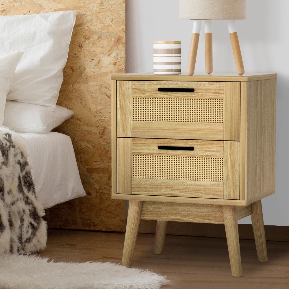 Artiss Rattan Bedside Table 2 Drawers Wood - RIE Oak - Furniture > Bedroom > Bedside Tables - Bedzy Australia