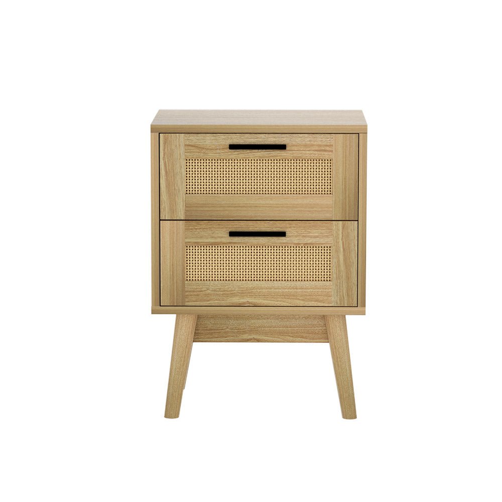 Artiss Rattan Bedside Table 2 Drawers Wood - RIE Oak - Furniture > Bedroom > Bedside Tables - Bedzy Australia