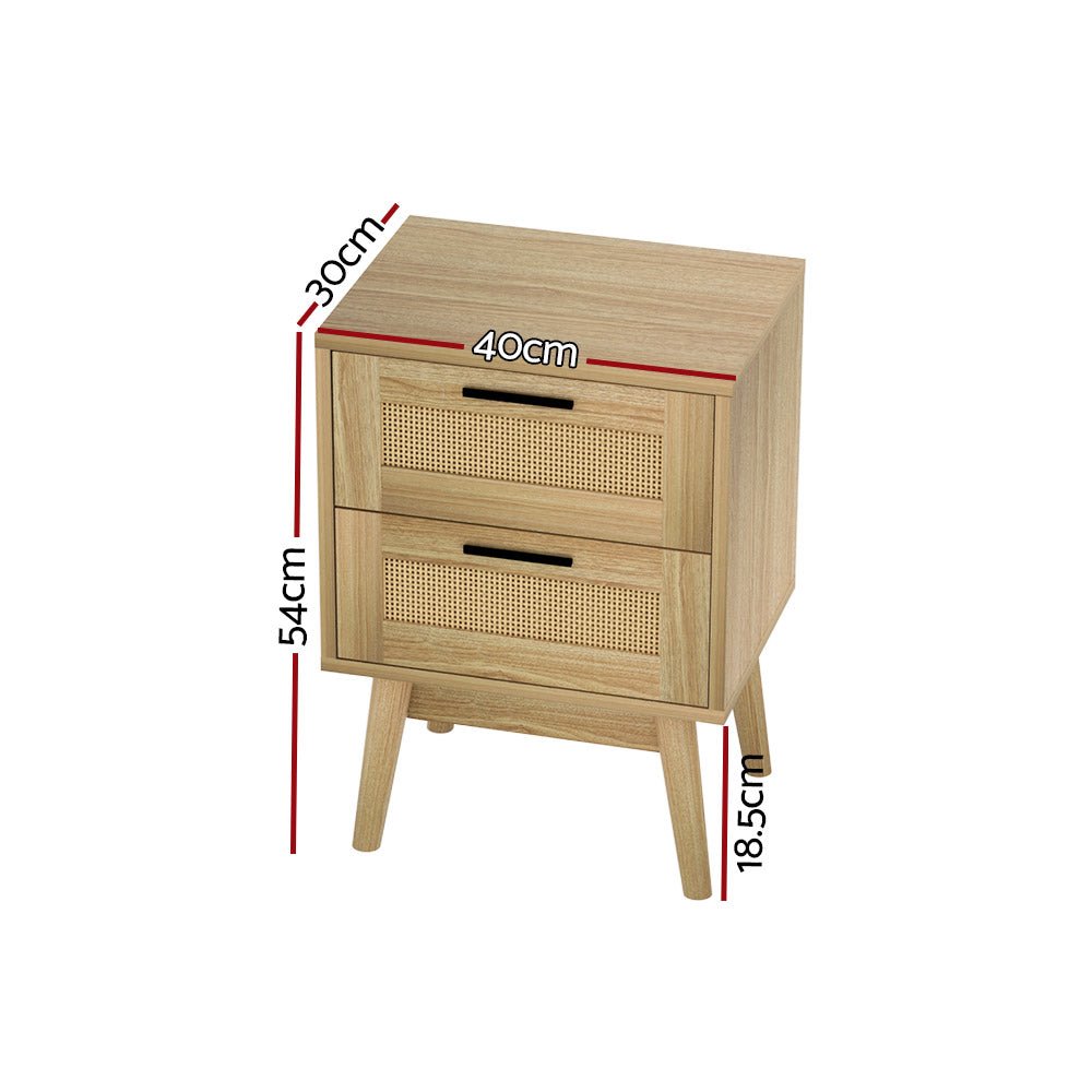 Artiss Rattan Bedside Table 2 Drawers Wood - RIE Oak - Furniture > Bedroom > Bedside Tables - Bedzy Australia