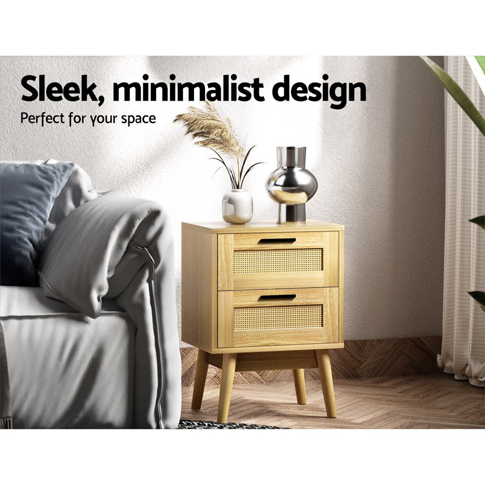 Artiss Rattan Bedside Table 2 Drawers Wood - RIE Oak - Furniture > Bedroom > Bedside Tables - Bedzy Australia