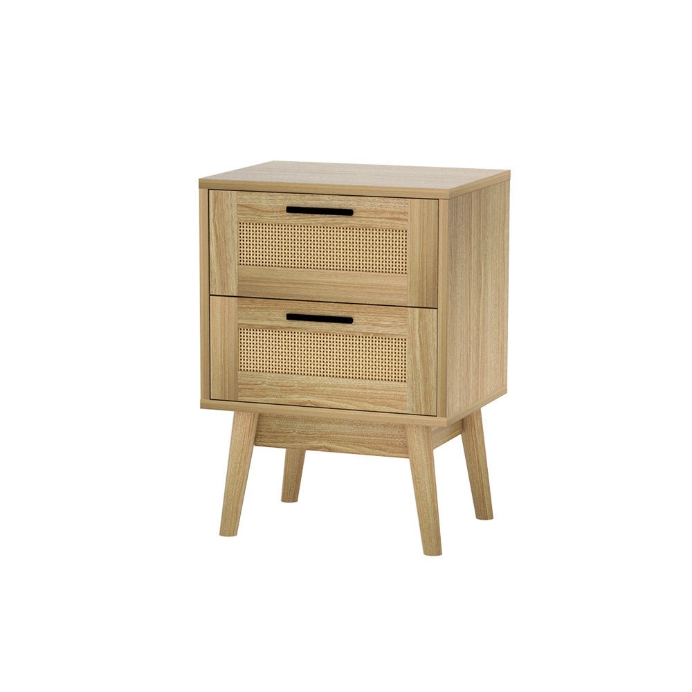 Artiss Rattan Bedside Table 2 Drawers Wood - RIE Oak - Furniture > Bedroom > Bedside Tables - Bedzy Australia