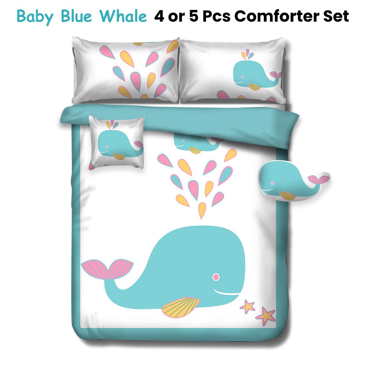 Baby Blue Whale Kids Advventure 5 Pcs Comforter Set Double - Home & Garden > Bathroom Accessories - Bedzy Australia