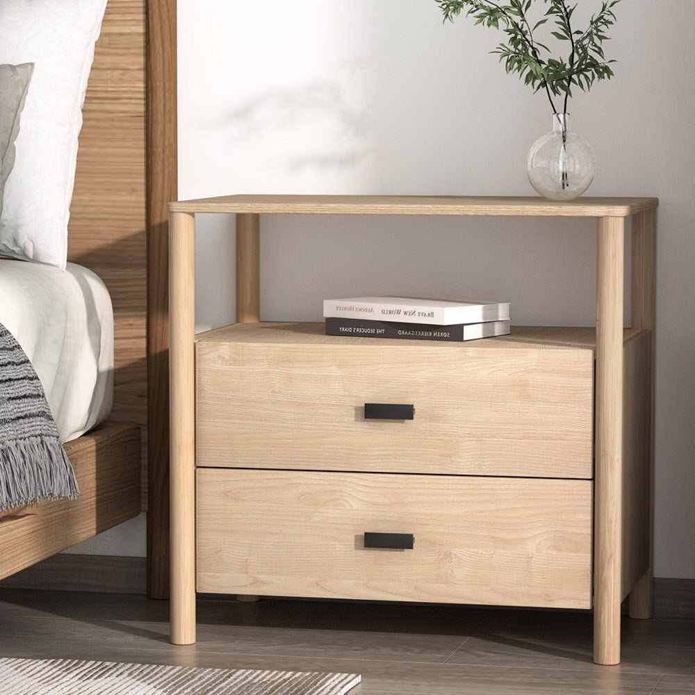 Bedside Table Nightstand 2 Drawers - Pine - Furniture > Bedroom - Bedzy Australia