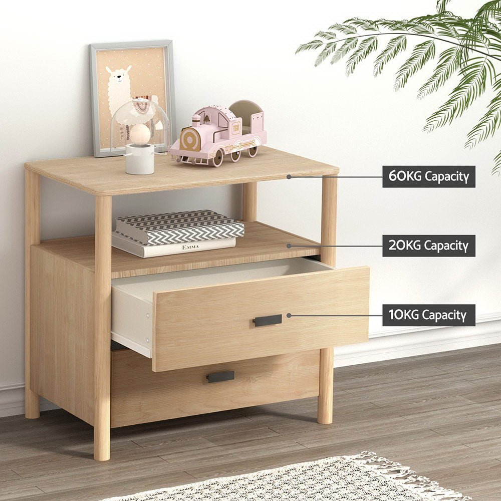 Bedside Table Nightstand 2 Drawers - Pine - Furniture > Bedroom - Bedzy Australia