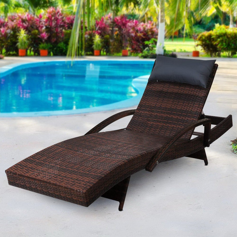 Bianca Outdoor Sun Lounger Chair with Pillow Headrest - Brown - Bedzy Australia