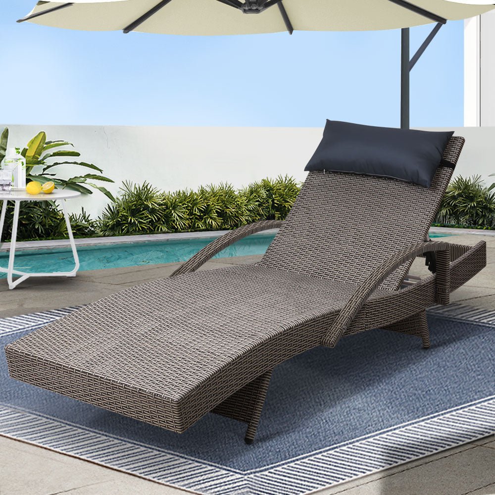 Bianca Outdoor Sun Lounger Chair with Pillow Headrest - Grey - Bedzy Australia