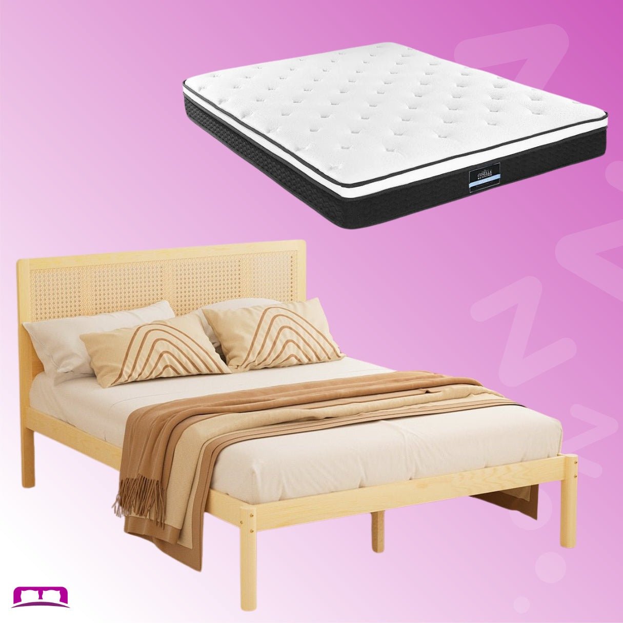 Double Package | Rita Rattan Wooden Bed Frame Pine & Bonita Pillow Top Mattress (Medium Firm) - Baby & Kids > Kid's Furniture > Kid's Beds & Bed Frames - Bedzy Australia