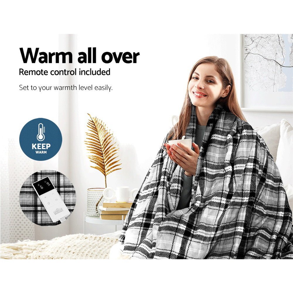 Electric Throw Rug Flannel Snuggle Blanket Washable Heated Grey and White Checkered - Bedzy Australia