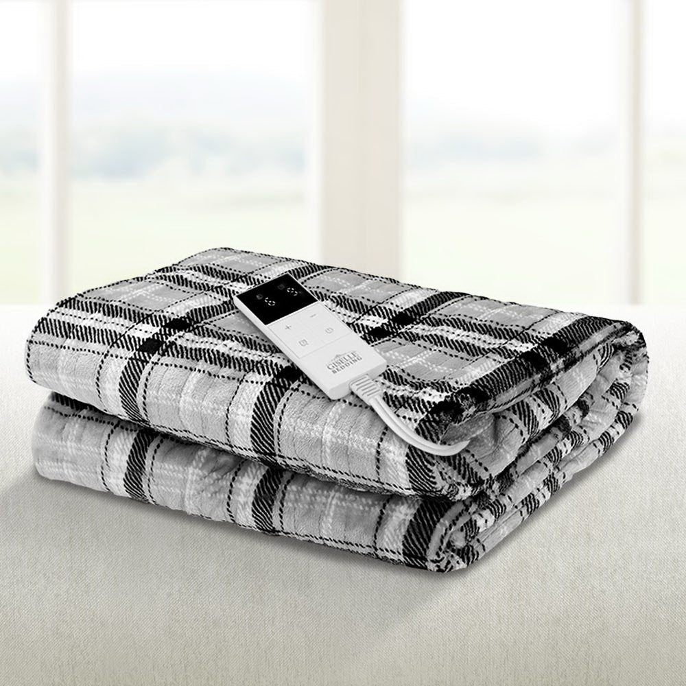 Electric Throw Rug Flannel Snuggle Blanket Washable Heated Grey and White Checkered - Bedzy Australia