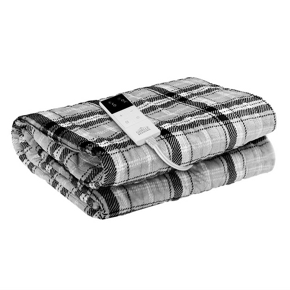 Electric Throw Rug Flannel Snuggle Blanket Washable Heated Grey and White Checkered - Bedzy Australia