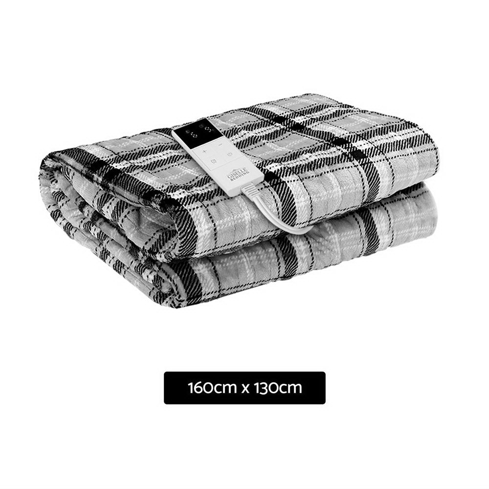 Electric Throw Rug Flannel Snuggle Blanket Washable Heated Grey and White Checkered - Bedzy Australia