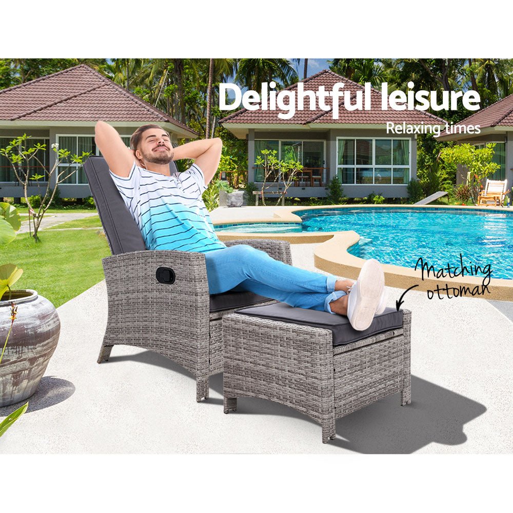 Elise Outdoor Recliner Chair with Ottoman Grey - Bedzy Australia