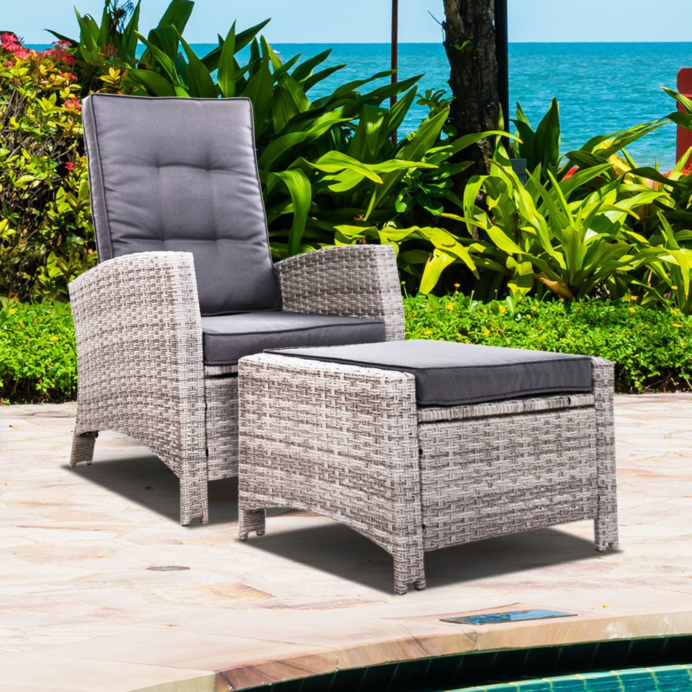 Elise Outdoor Recliner Chair with Ottoman Grey - Bedzy Australia