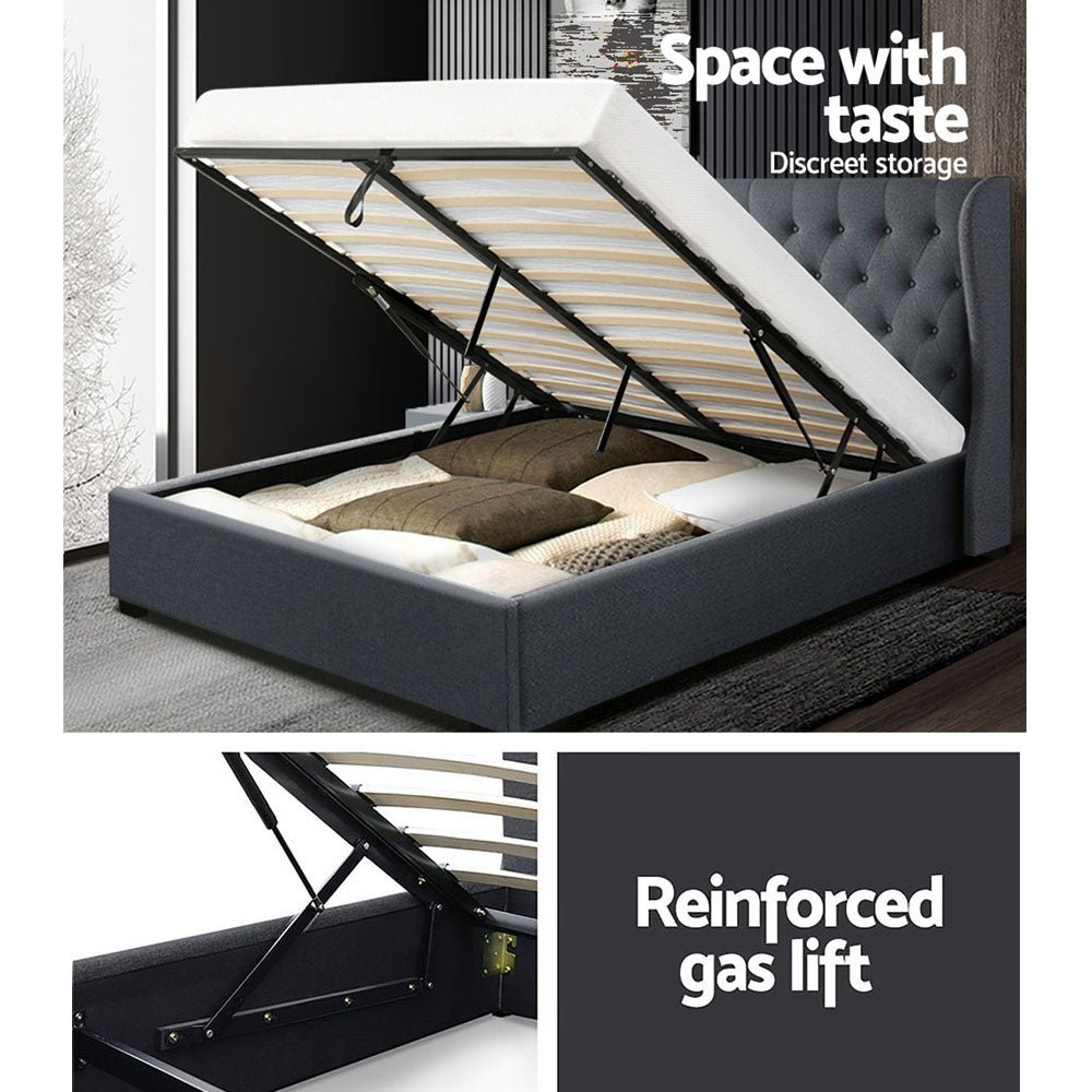 Elouera Queen Bed Frame With Gas Lift Storage Charcoal - Bedzy Australia