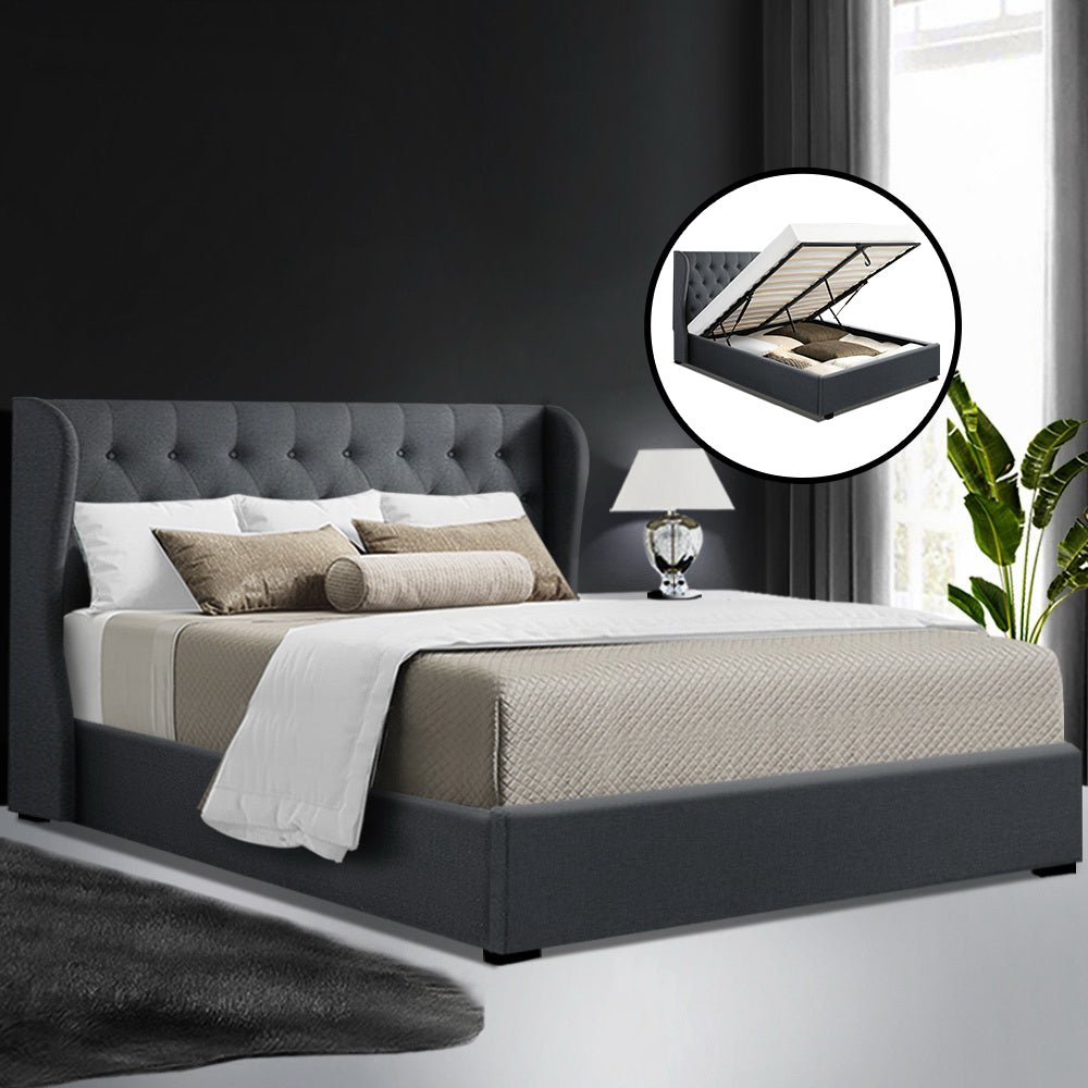 Elouera Queen Bed Frame With Gas Lift Storage Charcoal - Bedzy Australia