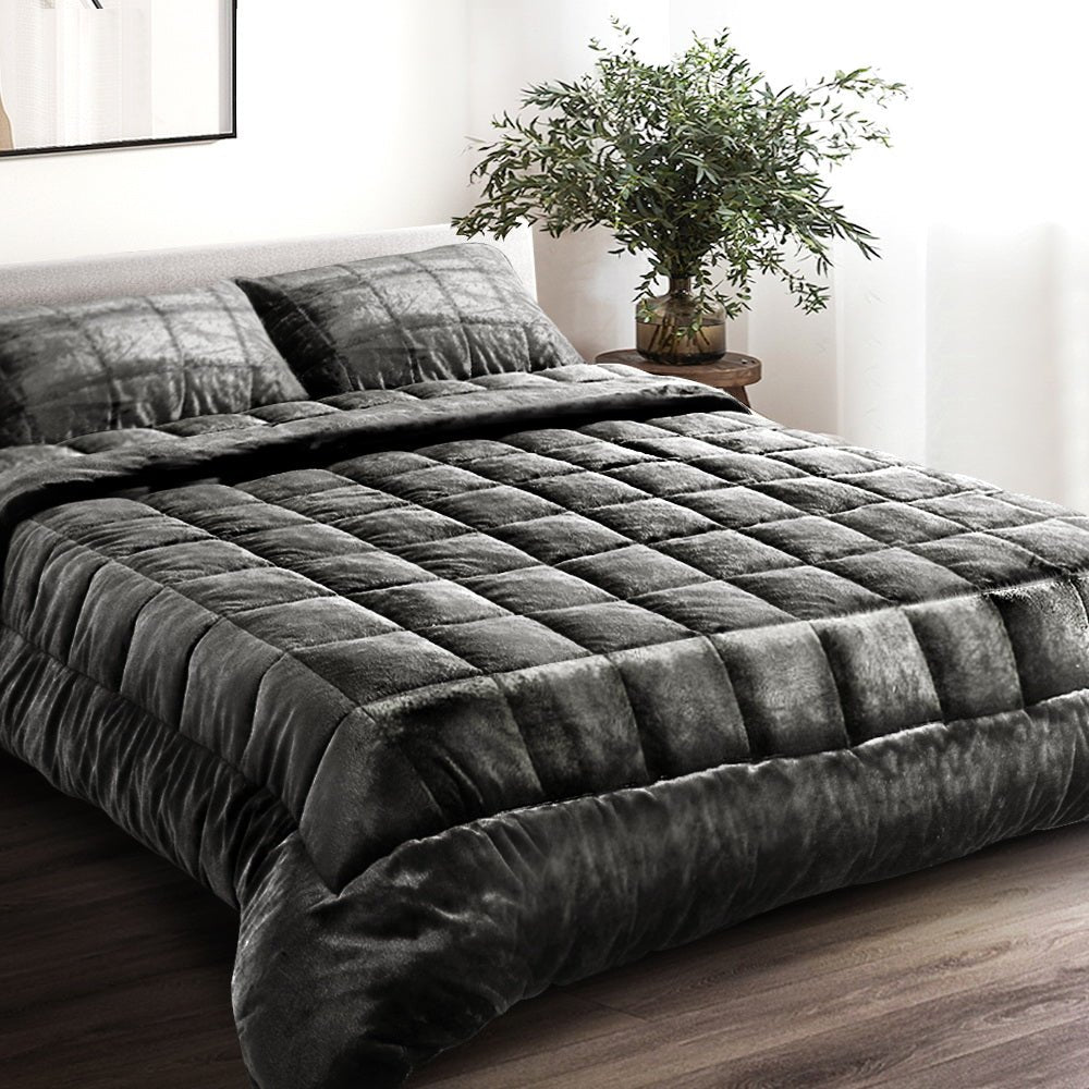 Faux Mink Quilt Comforter Fleece Throw Blanket Doona Charcoal Super King - Bedzy Australia