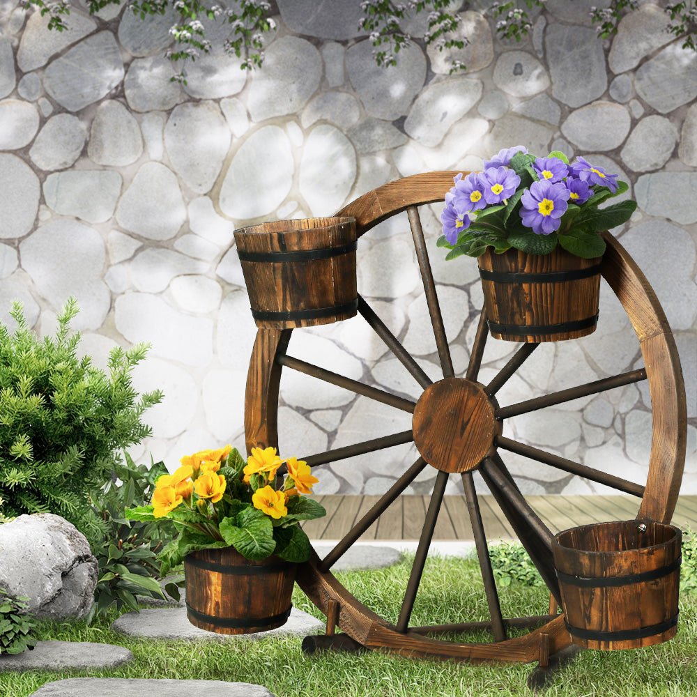 Garden Decor Plant Stand Outdoor Ornament Wooden Wagon Wheel 80cm - Furniture > Outdoor - Bedzy Australia