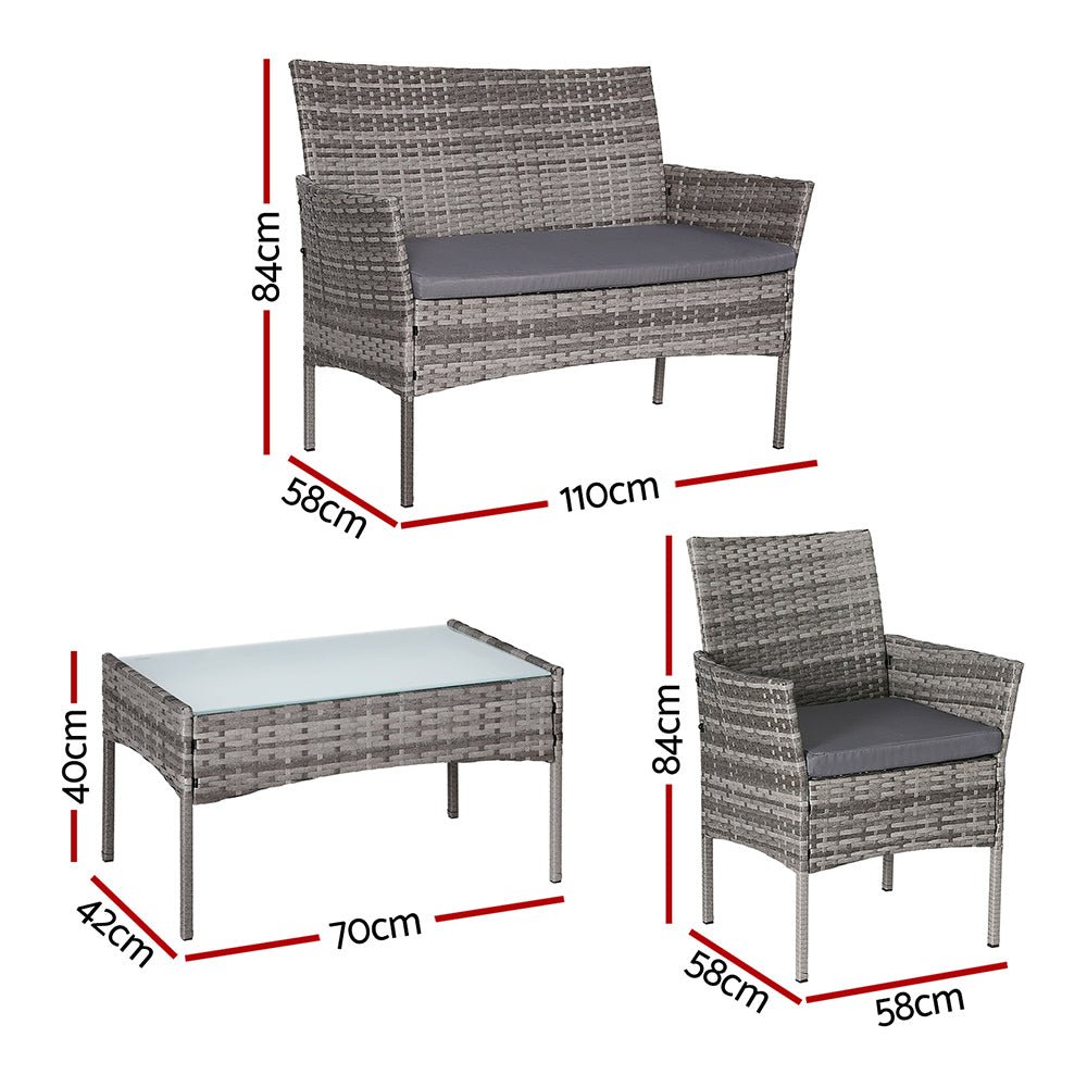 Gardeon 4 Seater Outdoor Sofa Set Wicker Setting Table Chair Furniture Grey - Furniture > Outdoor - Bedzy Australia