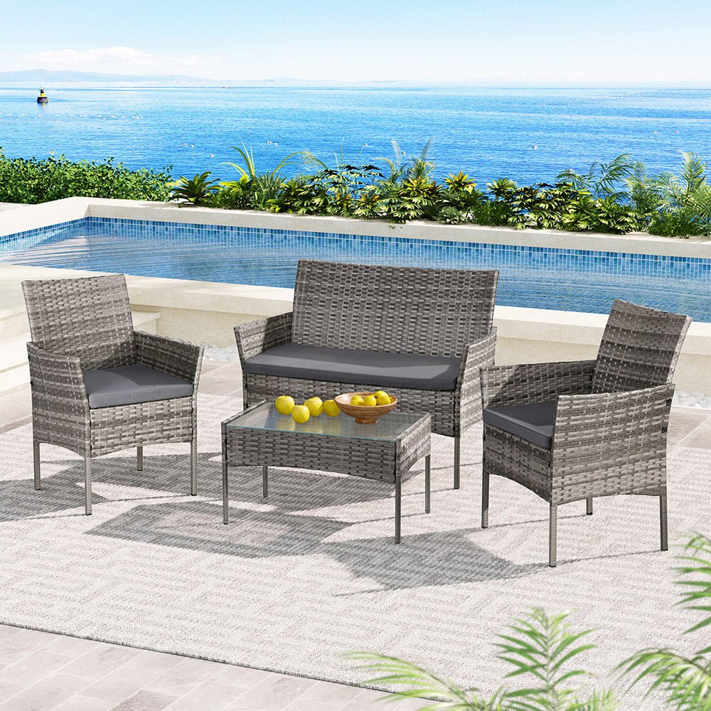 Gardeon 4 Seater Outdoor Sofa Set Wicker Setting Table Chair Furniture Grey - Furniture > Outdoor - Bedzy Australia