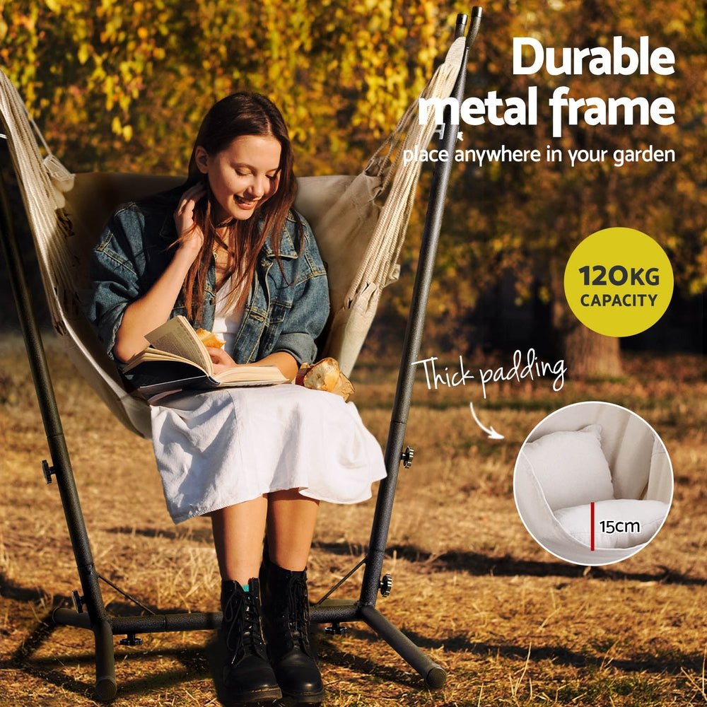 Hammock Chair Outdoor Camping Hanging with Stand Cream - Home & Garden > Hammocks - Bedzy Australia