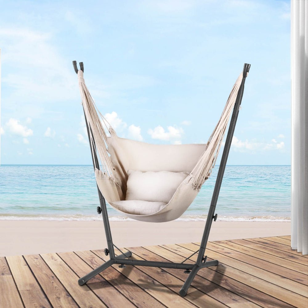 Hammock Chair Outdoor Camping Hanging with Stand Cream - Home & Garden > Hammocks - Bedzy Australia