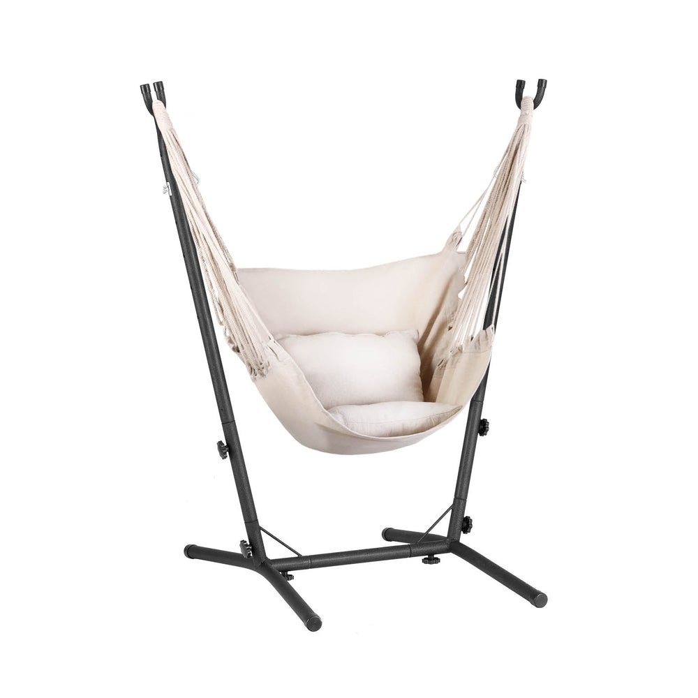 Hammock Chair Outdoor Camping Hanging with Stand Cream - Home & Garden > Hammocks - Bedzy Australia