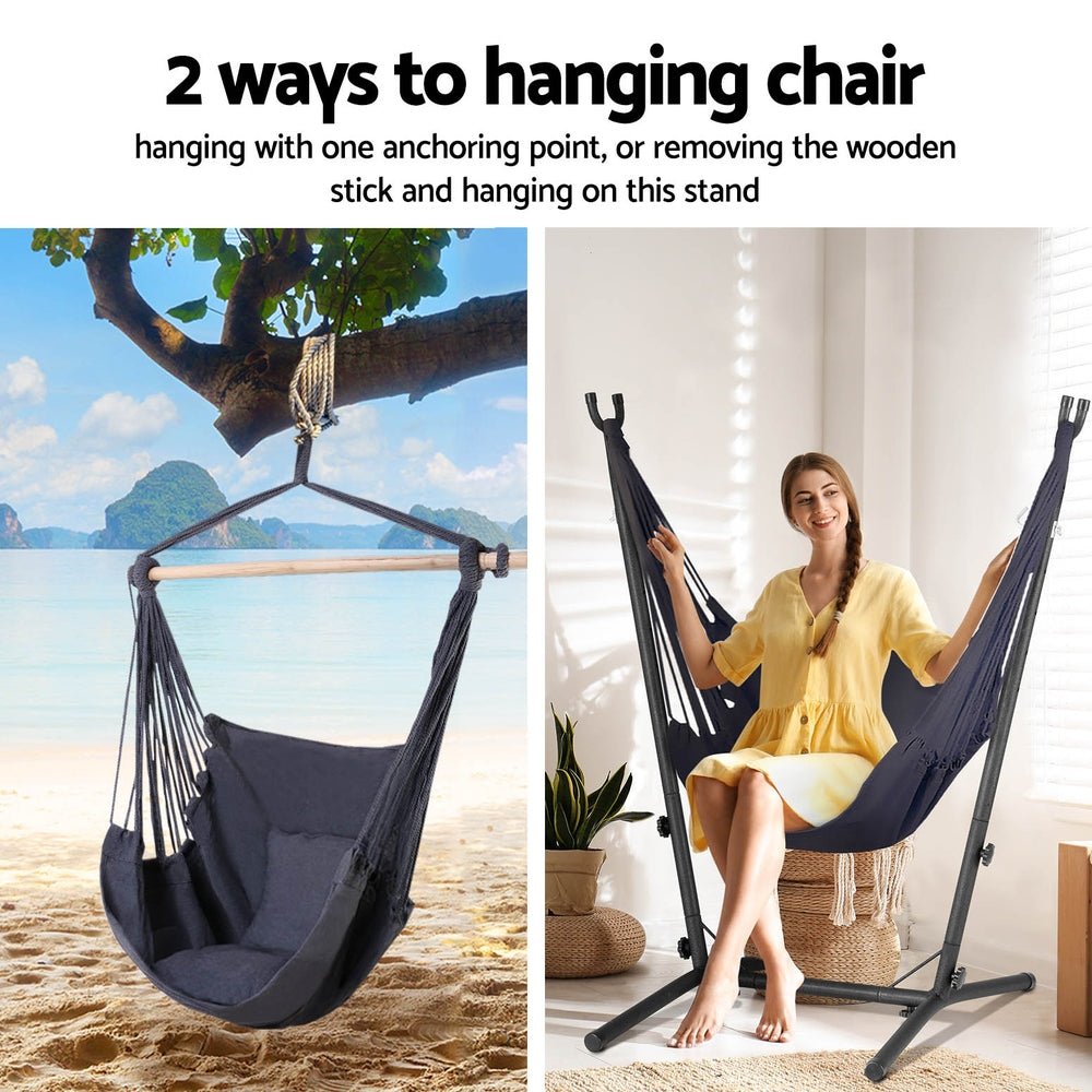 Hammock Chair Outdoor Camping Hanging with Stand Grey - Home & Garden > Hammocks - Bedzy Australia