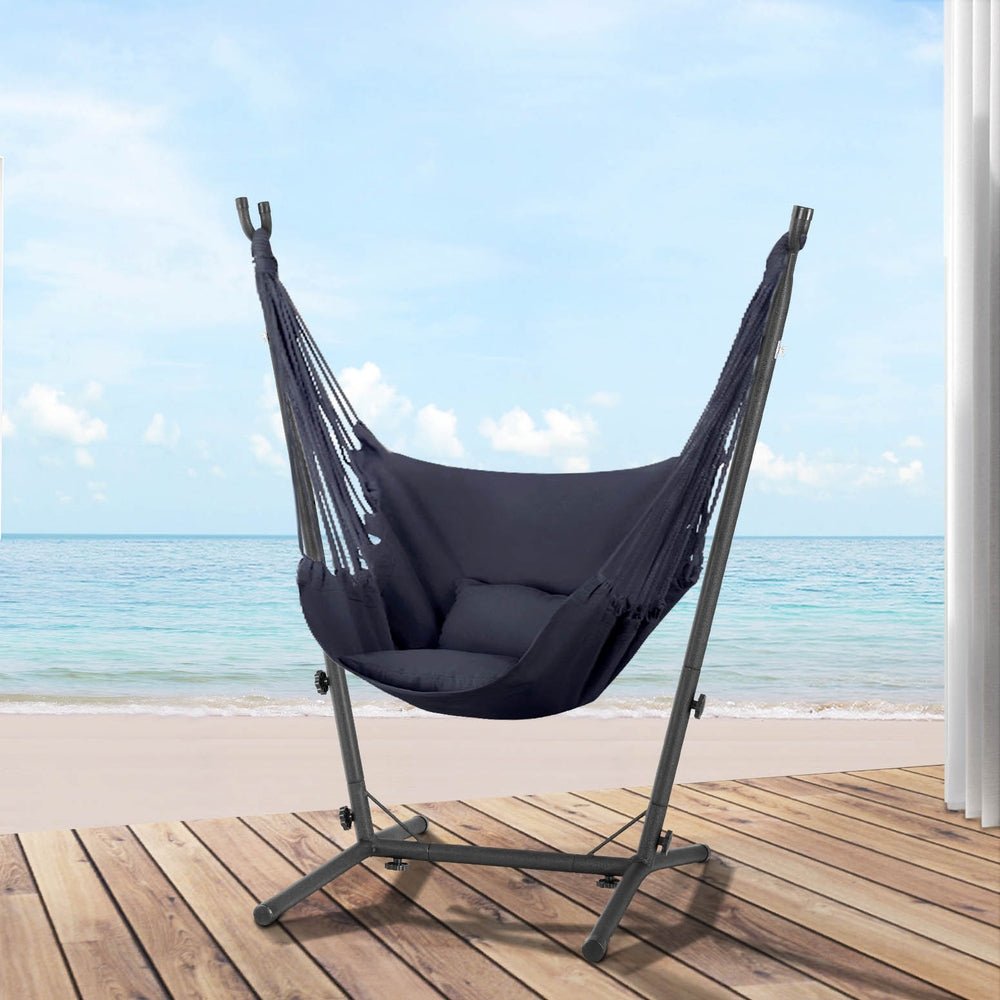 Hammock Chair Outdoor Camping Hanging with Stand Grey - Home & Garden > Hammocks - Bedzy Australia