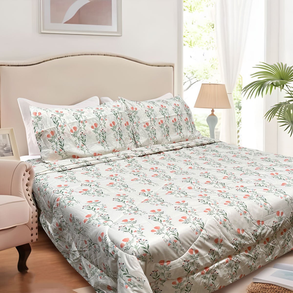 Hotel Living 3 Pce Light Weight Comforter Set Queen/King Corbett Floral Coral - Home & Garden > Bedding - Bedzy Australia