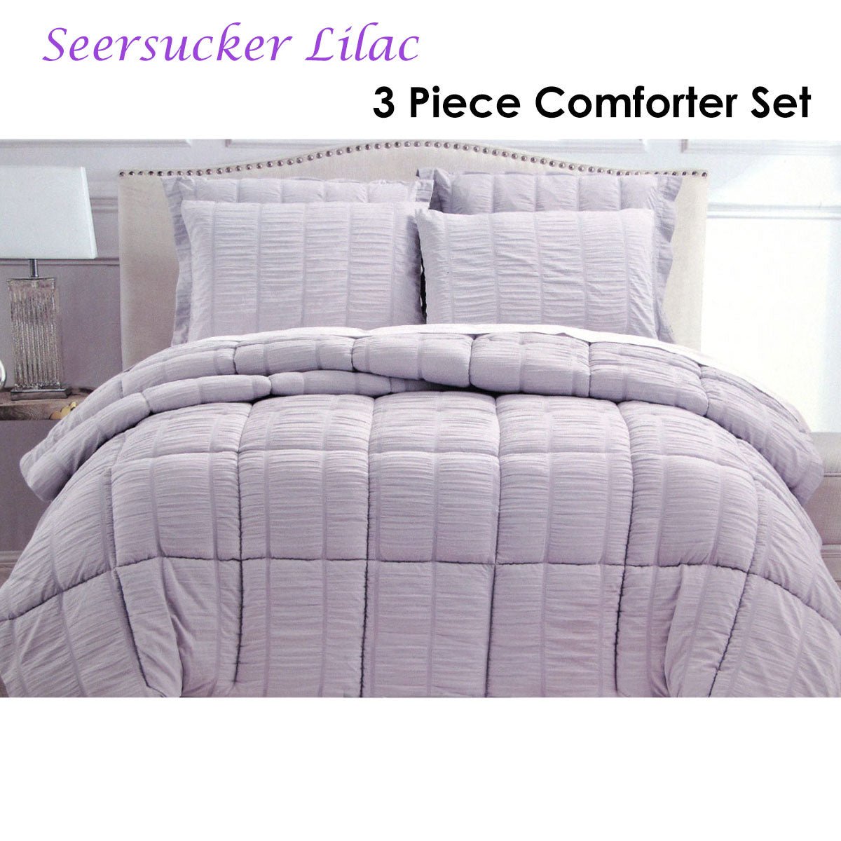 Hotel Living 3 Piece Seersucker Comforter Set King Lilac - Home & Garden > Bedding - Bedzy Australia