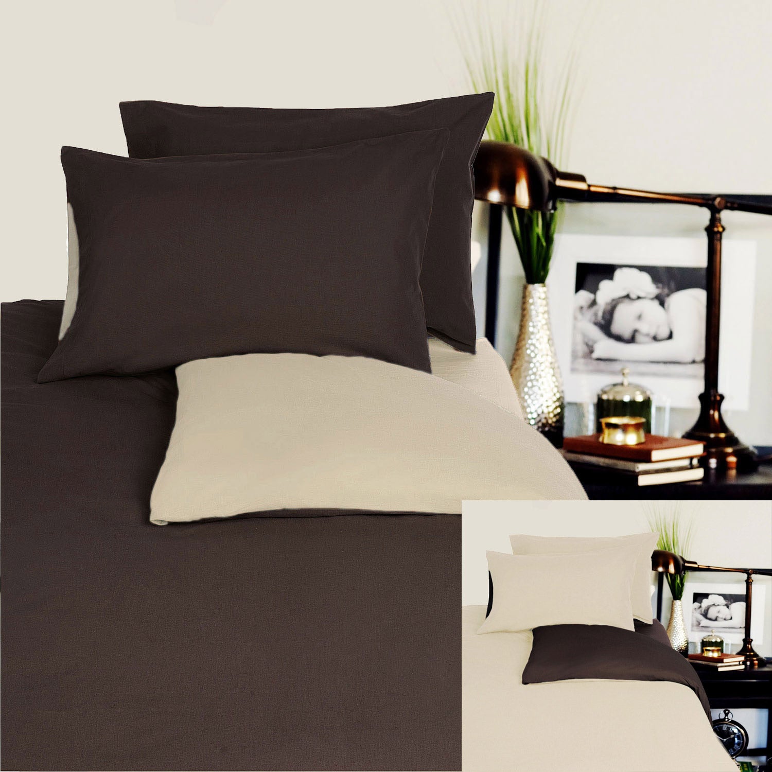 Hotel Living Reversible 100% Cotton JERSEY Quilt Cover Set Chocolate / Linen - QUEEN - Home & Garden > Bedding - Bedzy Australia