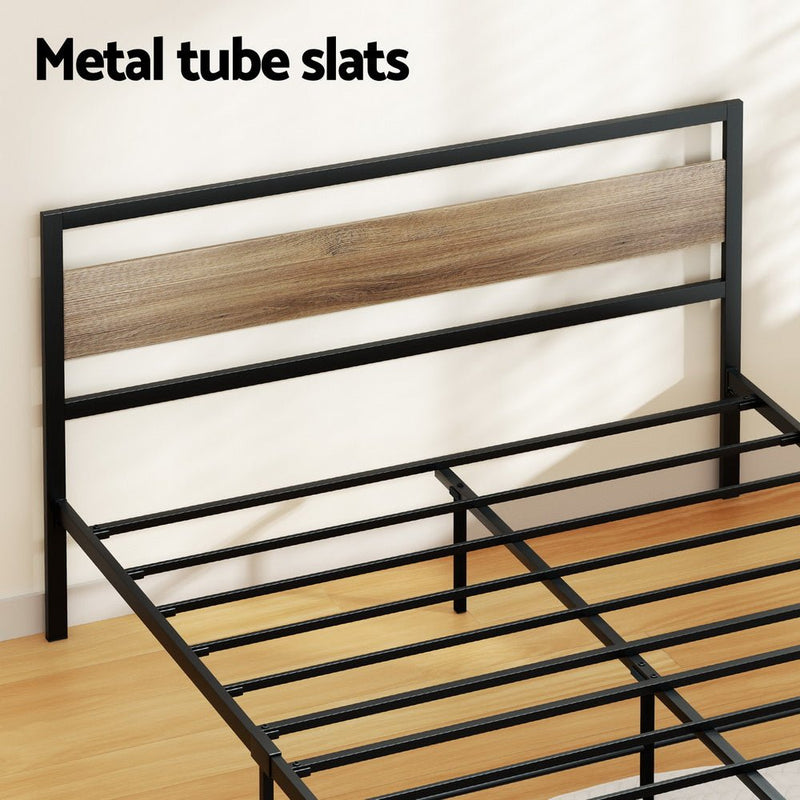 Industrial Style Double Metal Bed Frame Wood & Black - Furniture > Bedroom - Bedzy Australia