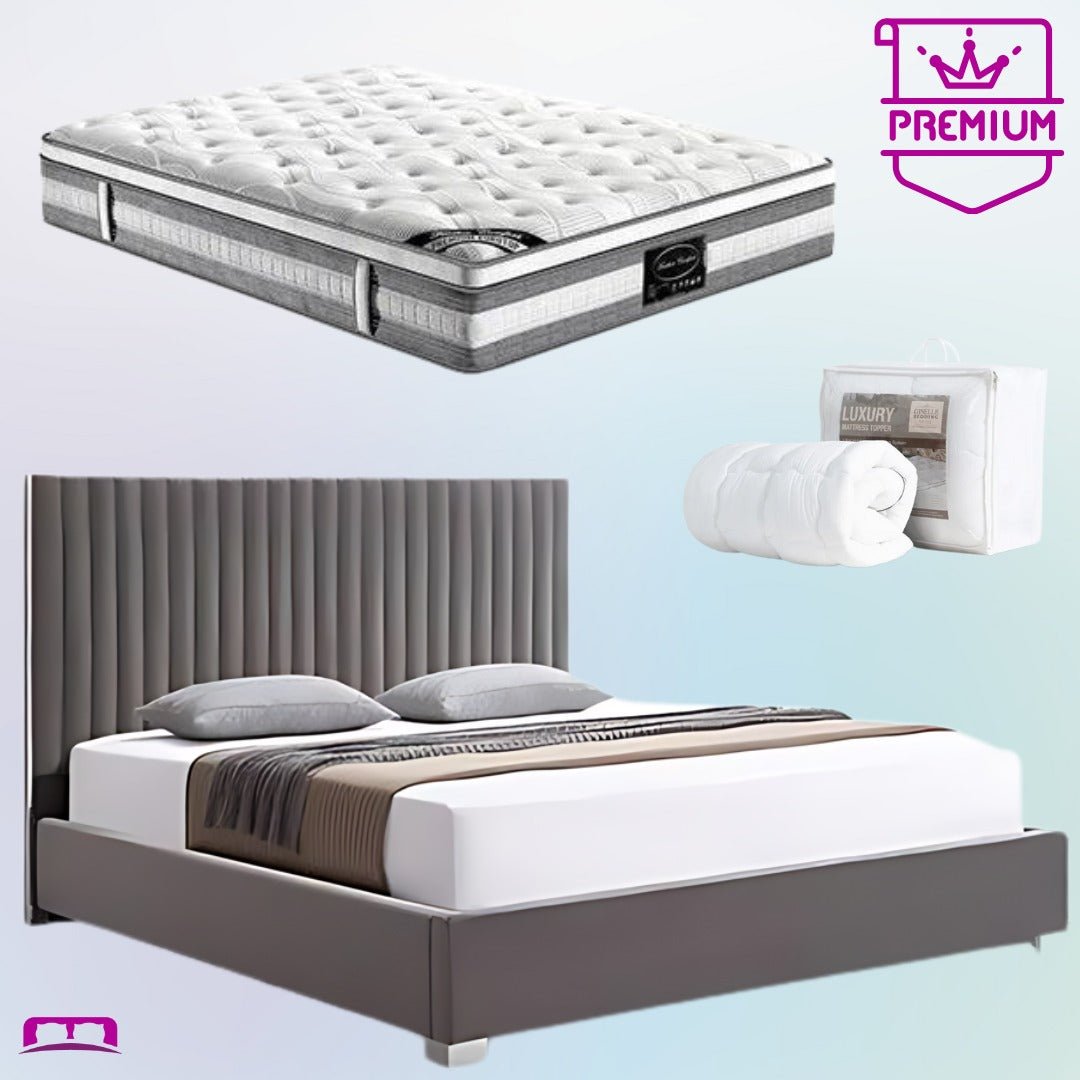 King Premium Package | Bedzy Luxe Hillsdale Bed Frame Grey, Plush Premium Euro Top Pocket Spring Mattress (Medium Firm) & Bamboo Mattress Topper! - Bedzy Australia