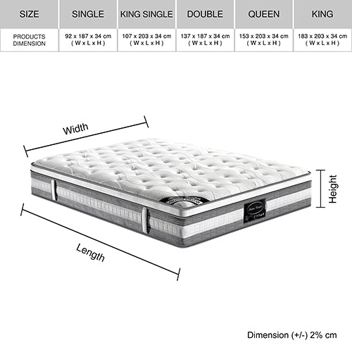 Mattress Euro Top Double Size Pocket Spring Coil with Knitted Fabric Medium Firm 34cm Thick - Furniture > Mattresses - Bedzy Australia