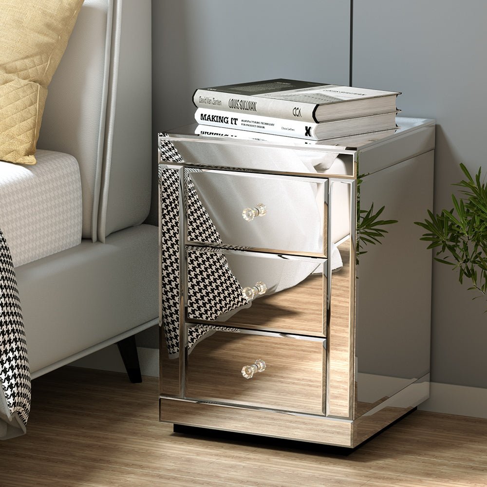 Mirrored Bedside Table Drawers Furniture Mirror Glass Presia Silver - Bedzy Australia