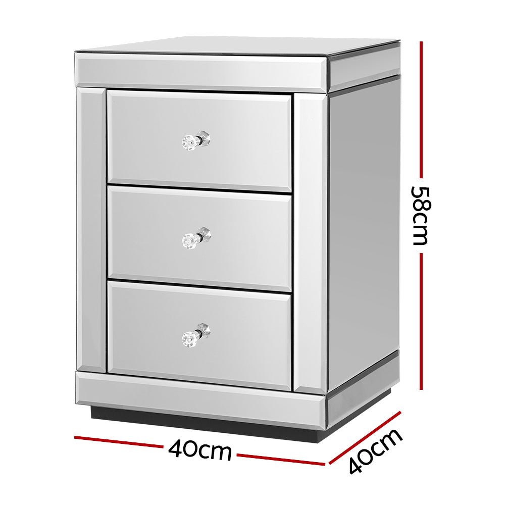 Mirrored Bedside Table Drawers Furniture Mirror Glass Presia Silver - Bedzy Australia