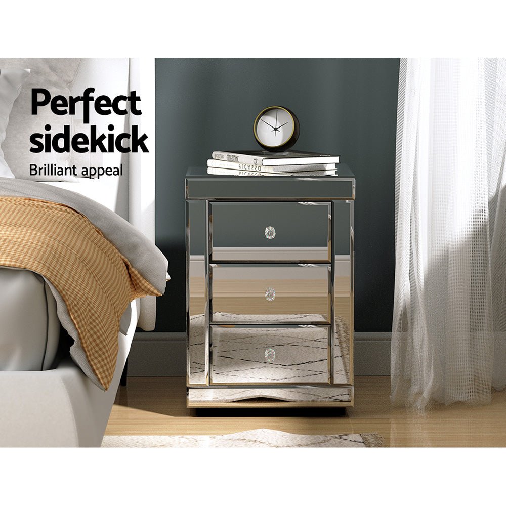 Mirrored Bedside Table Drawers Furniture Mirror Glass Presia Silver - Bedzy Australia