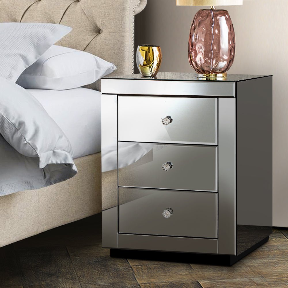 Mirrored Bedside table Drawers Furniture Mirror Glass Presia Smoky Grey - Bedzy Australia