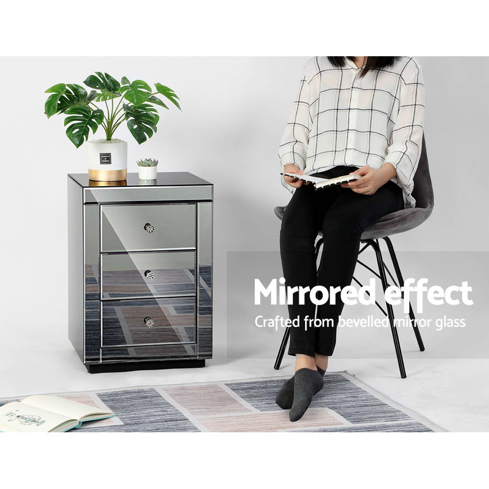 Mirrored Bedside table Drawers Furniture Mirror Glass Presia Smoky Grey - Bedzy Australia