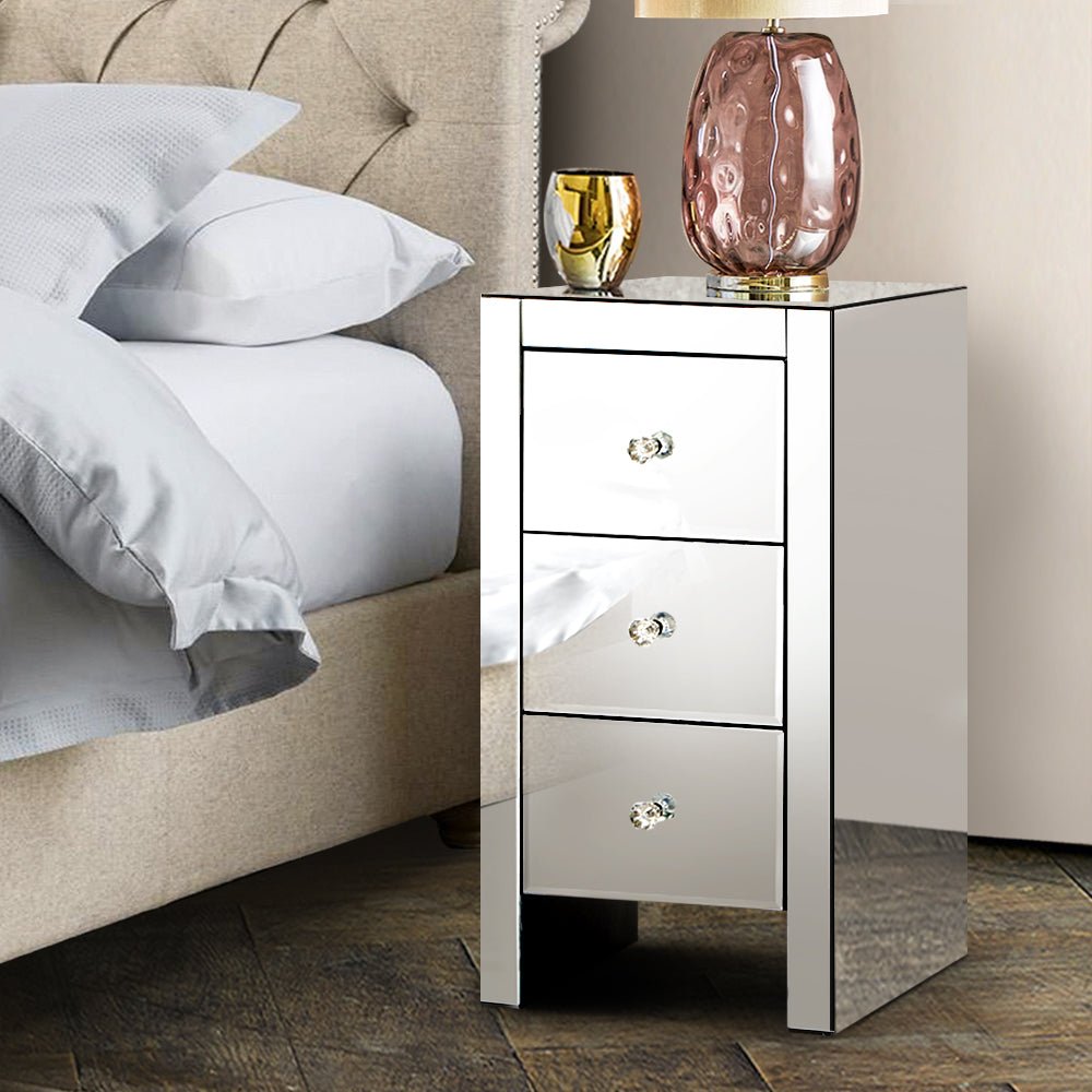 Mirrored Bedside table Drawers Furniture Mirror Glass Quenn Silver - Bedzy Australia