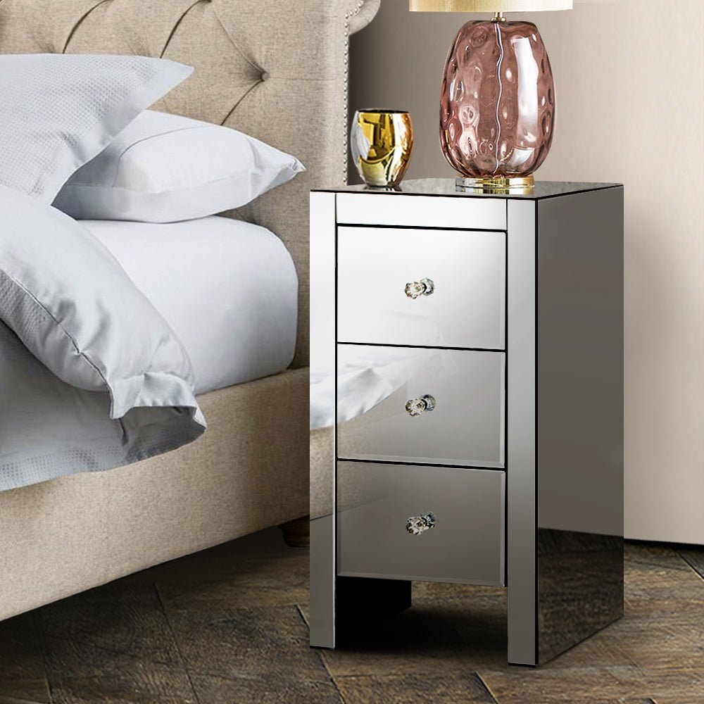 Mirrored Bedside Tables Drawers Crystal Chest Nightstand Glass Grey - Bedzy Australia