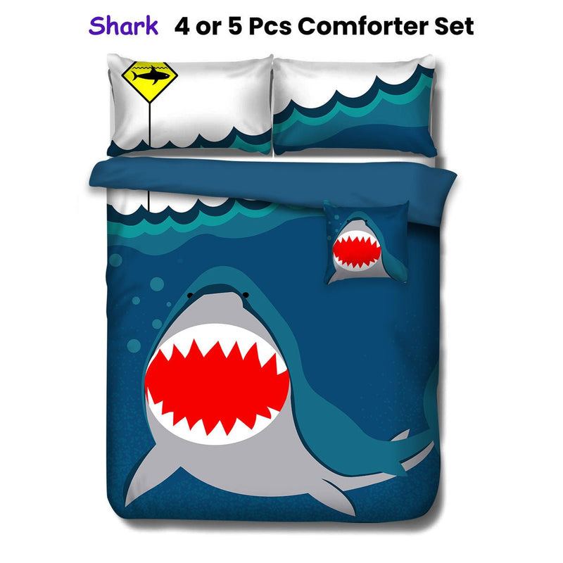 Navy Shark Kids Advventure 4 Pcs Comforter Set Single - Home & Garden > Bathroom Accessories - Bedzy Australia