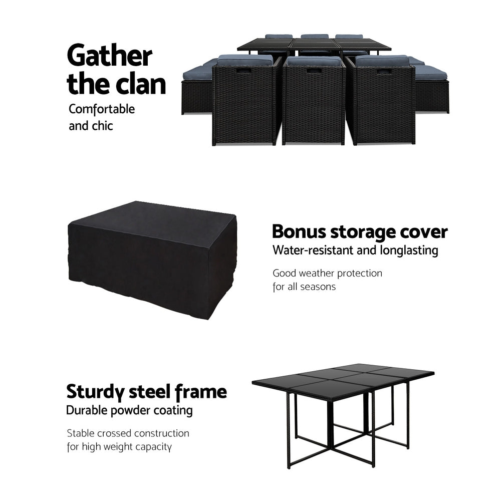 Outdoor Dining Set 11 Piece Wicker Table Chairs Setting Black - Furniture > Outdoor - Bedzy Australia