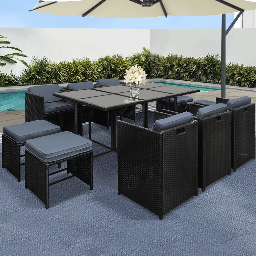 Outdoor Dining Set 11 Piece Wicker Table Chairs Setting Black - Furniture > Outdoor - Bedzy Australia