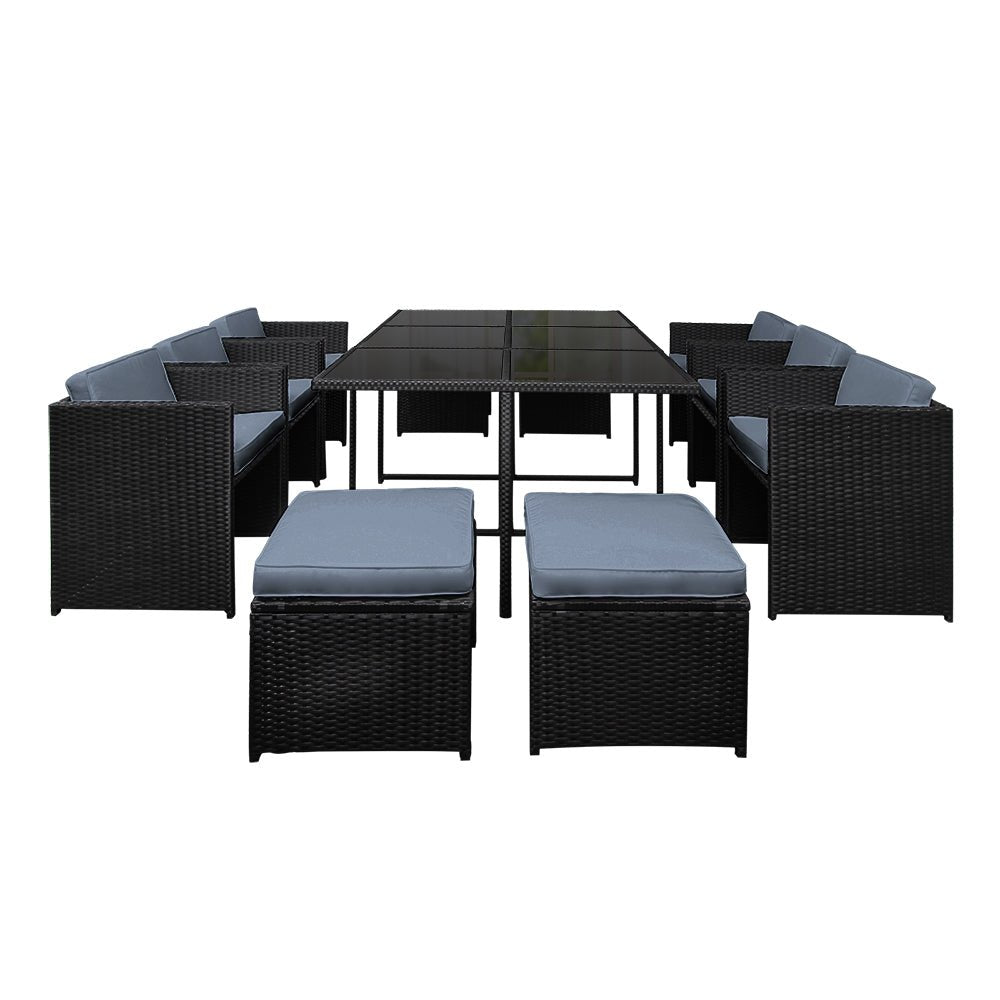 Outdoor Dining Set 11 Piece Wicker Table Chairs Setting Black - Furniture > Outdoor - Bedzy Australia