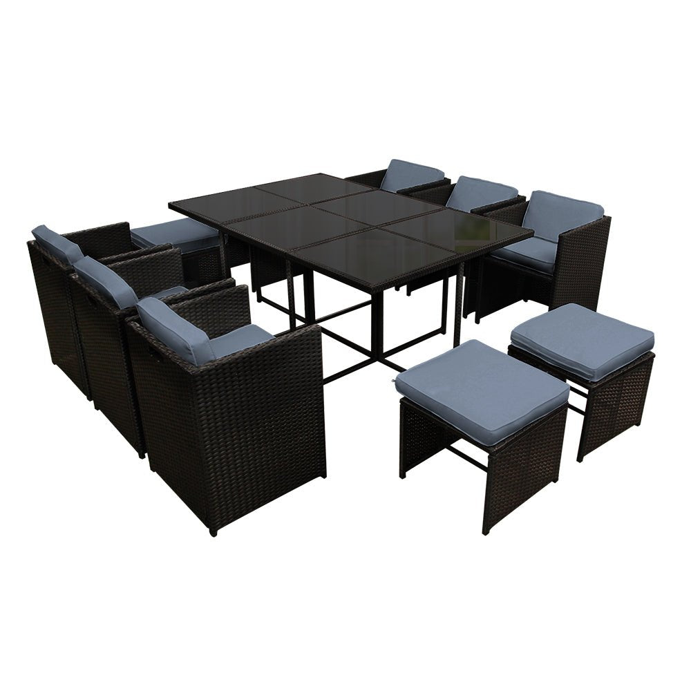 Outdoor Dining Set 11 Piece Wicker Table Chairs Setting Black - Furniture > Outdoor - Bedzy Australia