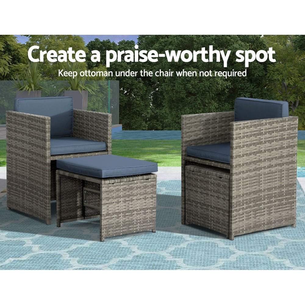 Outdoor Dining Set 11 Piece Wicker Table Chairs Setting Grey - Furniture > Outdoor - Bedzy Australia