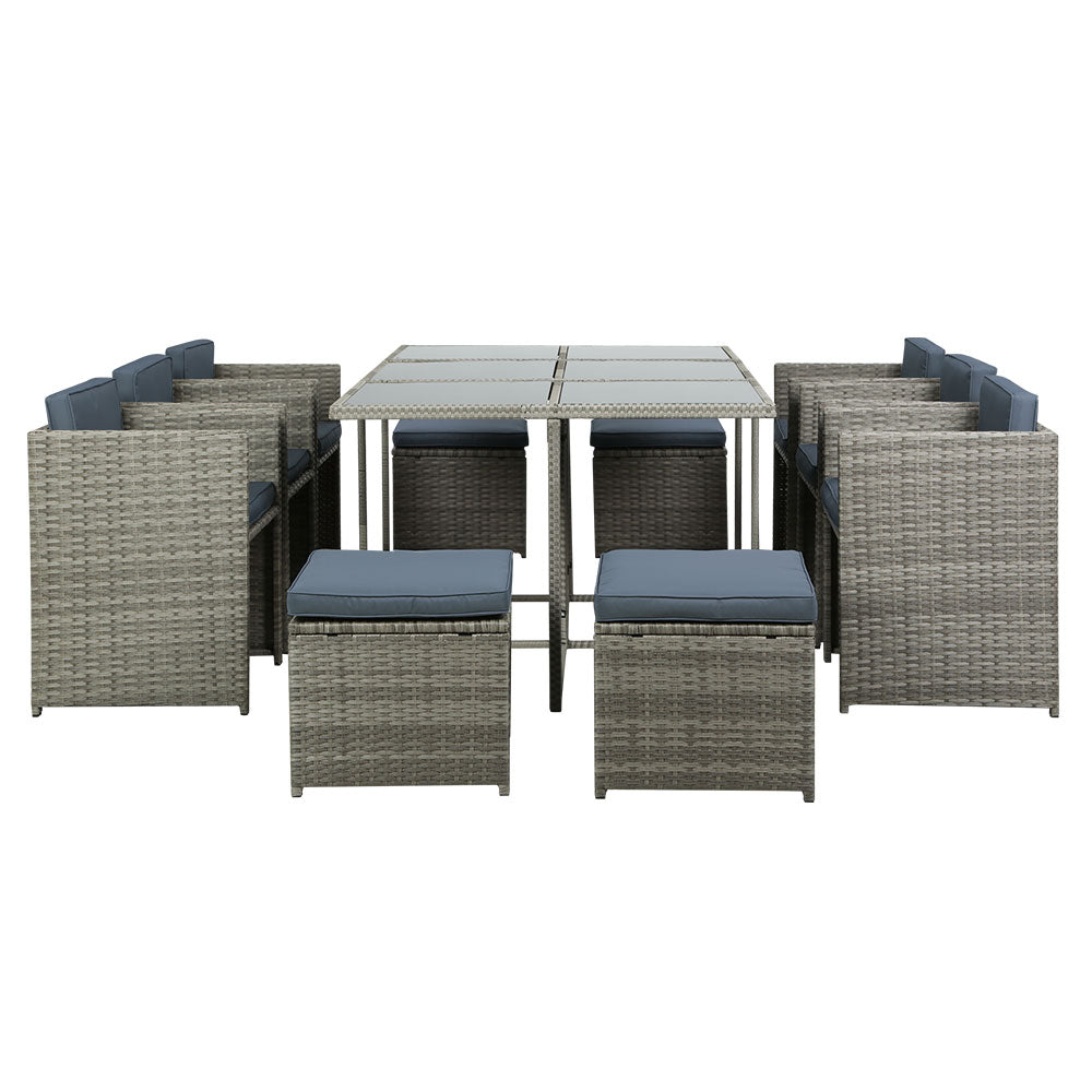 Outdoor Dining Set 11 Piece Wicker Table Chairs Setting Grey - Furniture > Outdoor - Bedzy Australia