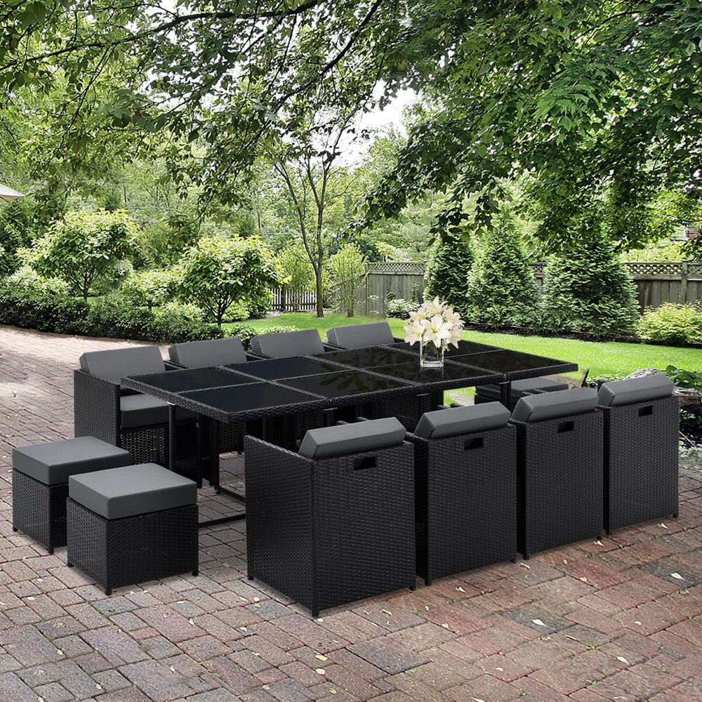 Outdoor Dining Set 13 Piece Wicker Table Chairs Setting Black - Furniture > Dining - Bedzy Australia