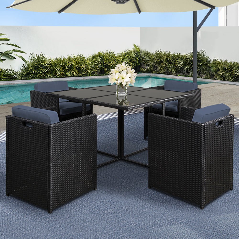 Outdoor Dining Set 5 Piece Wicker Table Chairs Setting Black - Furniture > Dining - Bedzy Australia